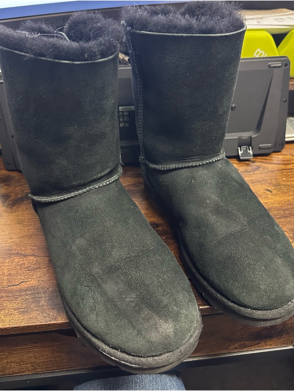 UGG Bailey Bow Black Suede Short Shearling Boots